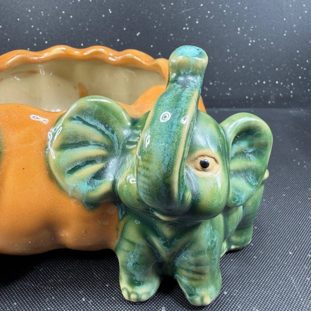 Vintage Majolica Style Elephant Pumpkin Ceramic Planter Green Orange Dish Bowl